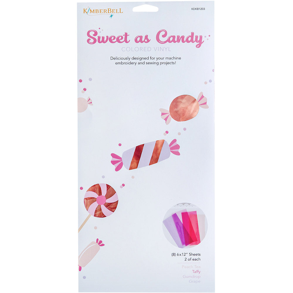 Kimberbell Sweet as Candy Pink Vinyl (KDKB1203) includes 2 sheets of each of 4 colors: Peach Tea, Taffy, Gumdrop, and Grape. The vinyl is perfect for adding a glassy element, color, or see-thru option to any project.
