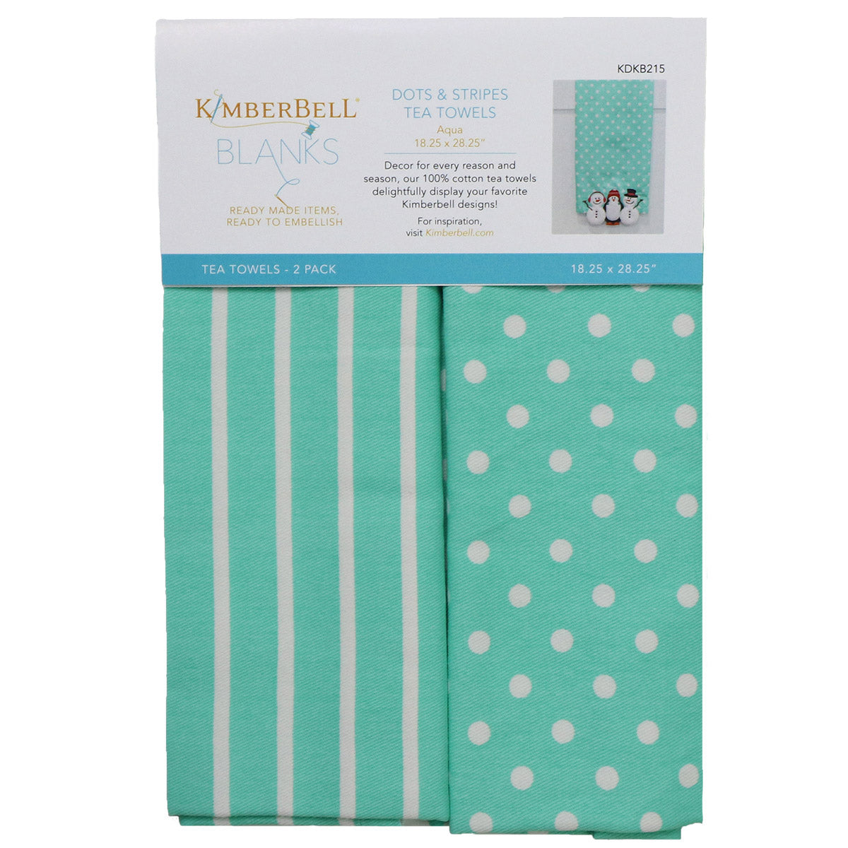 Kimberbell Tea Towels offer the perfect blank to embroider your perfect sentiment. Each package contains 2 towels, one with stripes and one with dots. These 100% cotton towels are available in a variety of colors. Photo shows the towels in Aqua (KDKB215).