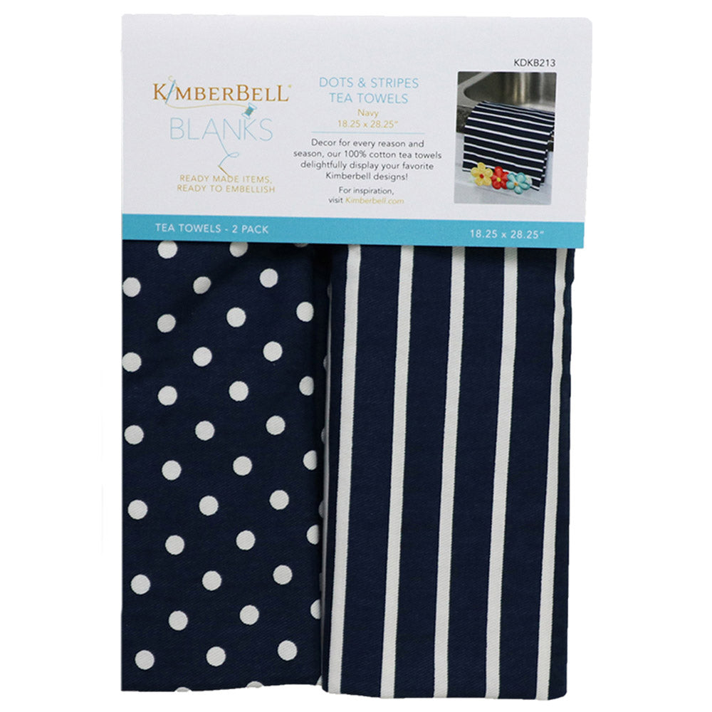 Kimberbell Tea Towels offer the perfect blank to embroider your perfect sentiment. Each package contains 2 towels, one with stripes and one with dots. These 100% cotton towels are available in a variety of colors. Photo shows the towels in Navy(KDKB213).