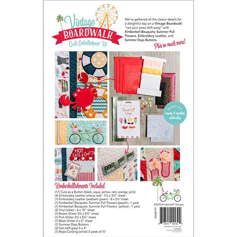 All the delightful details you need to complete the feature quilt are available in the Vintage Boardwalk Embellishment Kit (KDKB179) by Kimberbell. Photo features the back of the package.