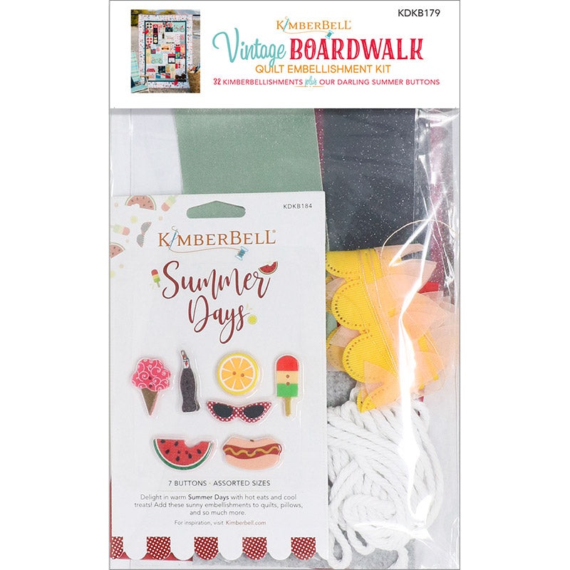 All the delightful details you need to complete the feature quilt are available in the Vintage Boardwalk Embellishment Kit (KDKB179) by Kimberbell. Photo features the front package.