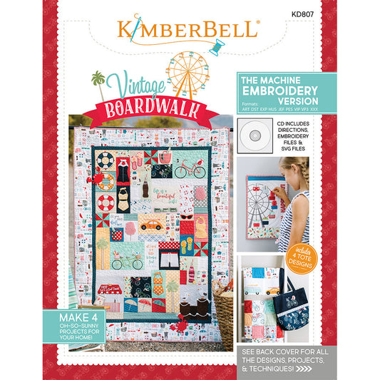 Take a leisurely stroll along a Vintage Boardwalk (KD807) with Kimberbell. This feature quilt is over 32 blocks of seaside resorts of classic cars, tandem bikes, ‘50s-style bathing suits and more. This photo features the front of the pattern book.