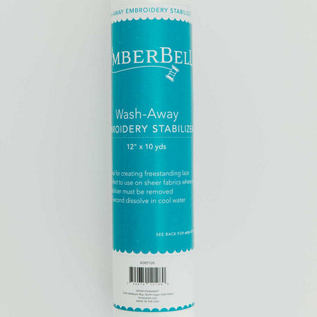 Wash Away stabilizer by Kimberbell is color-coded in blue to reflect it is for use with water to completely dissolve for projects such as free-standing lace, cutwork, or when used with sheer fabrics. The 12" x 10 yard size (KDST120) is pictured, but the stabilizer is also available in 20” x 10 yard rolls and 40 count 10" x 12" sheets. Stitcher’s Joy