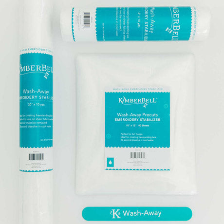 Wash Away stabilizer by Kimberbell is color-coded in blue to reflect it is for use with water to completely dissolve for projects such as free-standing lace, cutwork, or when used with sheer fabrics. Each of the three sizes: 12" x 10 yard, 20” x 10 yard, and 10" x 12" sheets are shown with the color-coordinated slap band. Stitcher’s Joy