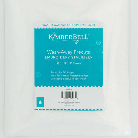 Wash Away stabilizer by Kimberbell is color-coded in blue to reflect it is for use with water to completely dissolve for projects such as free-standing lace, cutwork, or when used with sheer fabrics. The 40 count 10" x 12" sheets (KDST122) are pictured, but the stabilizer is also available in 12" x 10 yard and 20” x 10 yard rolls. Stitcher’s Joy
