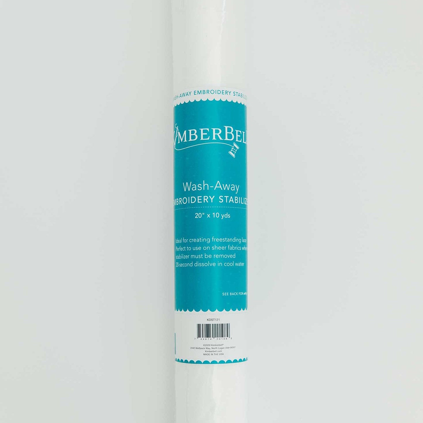 Wash Away Sticky-back stabilizer by Kimberbell is color-coded in blue to reflect it is for use with water to completely dissolve for hard to hoop projects such as chiffon, organza, or other sheer fabrics. The 20” x 5 yard size (KDST124) is pictured, but the stabilizer is also available in a 12" x 5 yard roll. Stitcher’s Joy