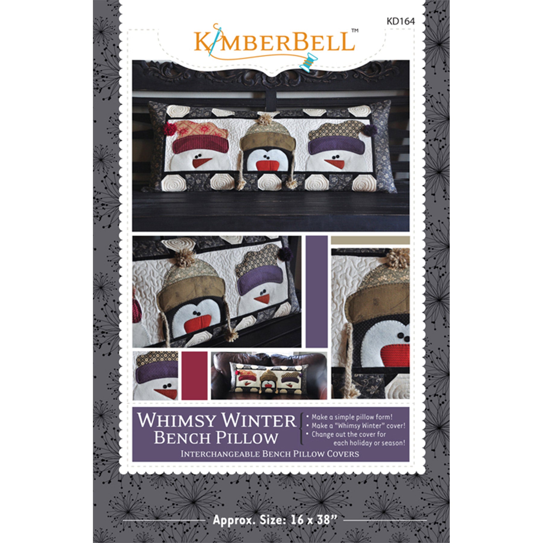  Delightful snowmen and a penguin with their fluffy stocking caps welcome the snow with the Whimsy Winter Bench Pillow Sewing Version (KD164) by Kimberbell. Photo shows the front cover of the pattern.