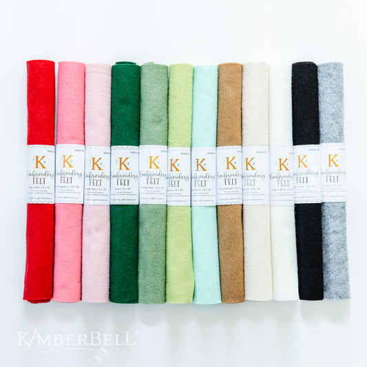 Embroidery Felt by Kimberbell comes in many colors to add soft texture and stability to your project.  Use it to add texture as an accent in any project or use it by itself to create projects like ornaments or gift tags.