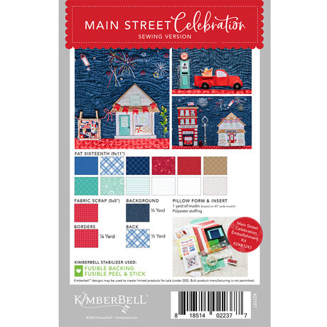 Join the Main Street Celebration (KD197) with Kimberbell and create your own bench pillow using a standard sewing machine. This fun bench pillow pattern pulls out all the stops as it dresses up downtown with pennants, banners, and patriotic bunting while fireworks burst in the night sky. Picture shows the back page of the pattern with fabric requirements.
