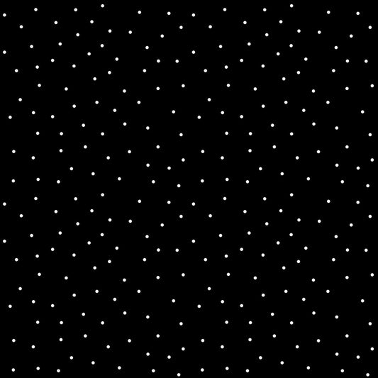 Tiny Dots is part of the Kimberbell Basics line designed by Kim Christopherson for Maywood Studio. This fabric features tiny white dots on a black background in a random pattern. It is perfect as a background for adding a little bit of color without detracting from any object appliqued, embroidered, or pieced along with it.