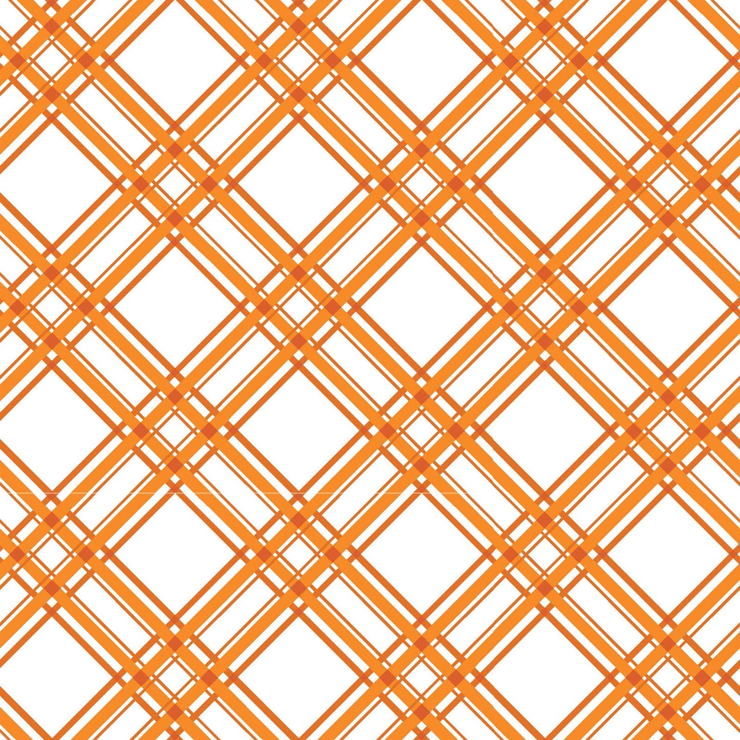 Diagonal Plaid in orange and white is part of the Kimberbell Basics line designed by Kim Christopherson for Maywood Studio. This fabric features orange stripes on the diagonal over a white background to add variety to your project. As part of the Kimberbell Basics line, it compliments other fabrics in the line.