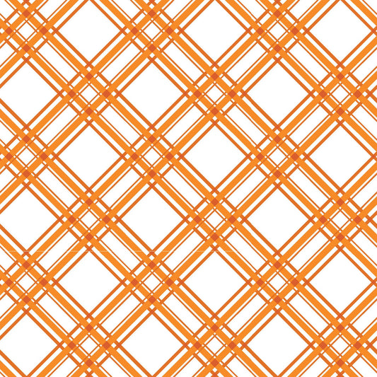 Diagonal Plaid in orange and white is part of the Kimberbell Basics line designed by Kim Christopherson for Maywood Studio. This fabric features orange stripes on the diagonal over a white background to add variety to your project. As part of the Kimberbell Basics line, it compliments other fabrics in the line.