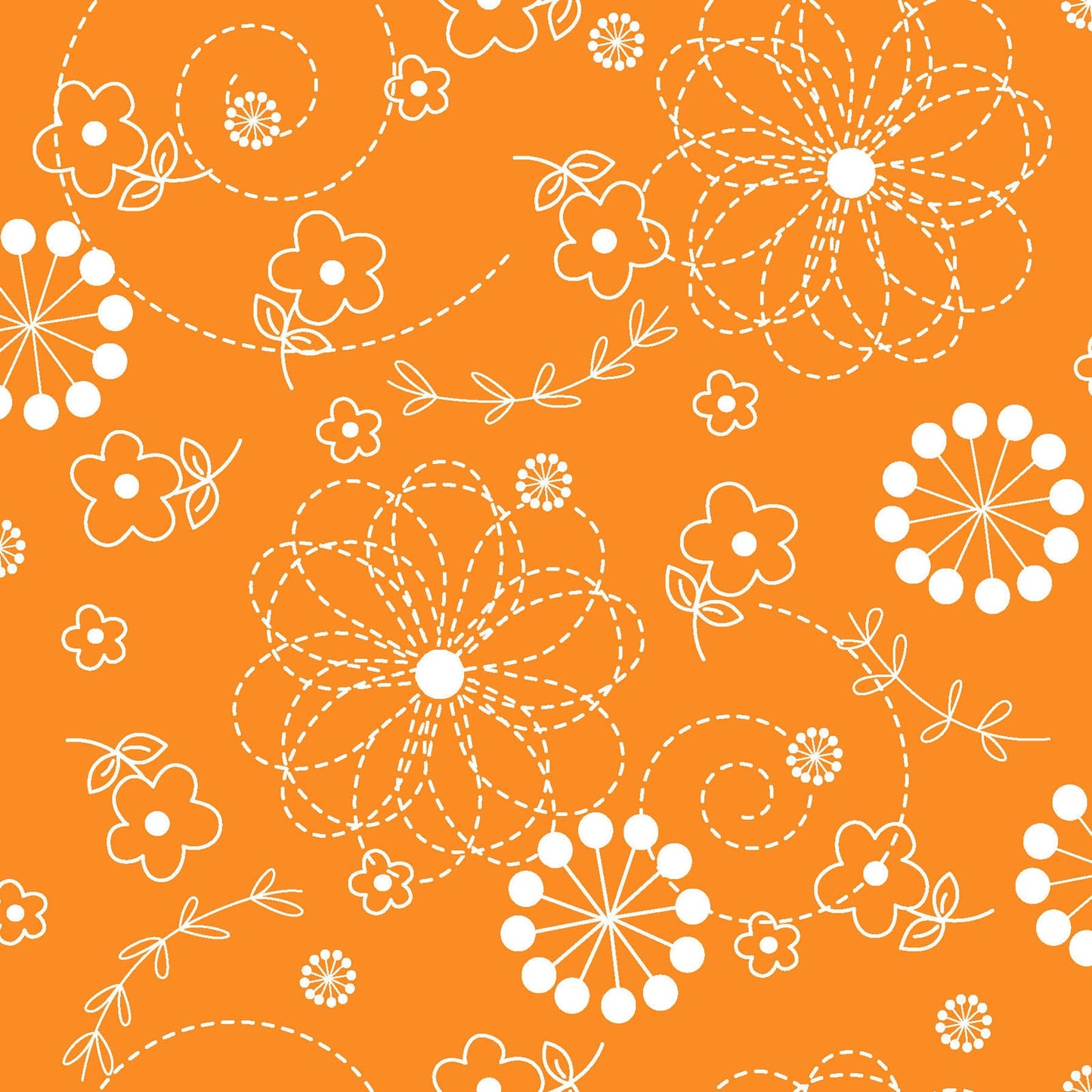 White on Orange Doodles is part of the Kimberbell Basics line designed by Kim Christopherson for Maywood Studio. This fabric features white, pin-stitched flowers and dandelion bursts on an orange background. It is perfect for adding variety to any project and the pattern and color blend seamlessly with other Kimberbell Basic fabrics.