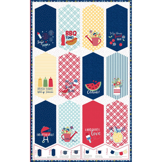 Ready to sew panel featuring 12 pennants with differnt sayings and images from the Red, White & Bloom fabric collection designed by Kim Christopherson of Maywood Studios.