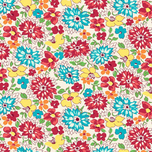 Wildflowers in Red and Aqua (9296-81) from the Nana Mae IV line by Henry Glass is a an allover floral print in red, aqua, orange, and yellow that is reminiscent of a large 40's reproduction fabric. 
