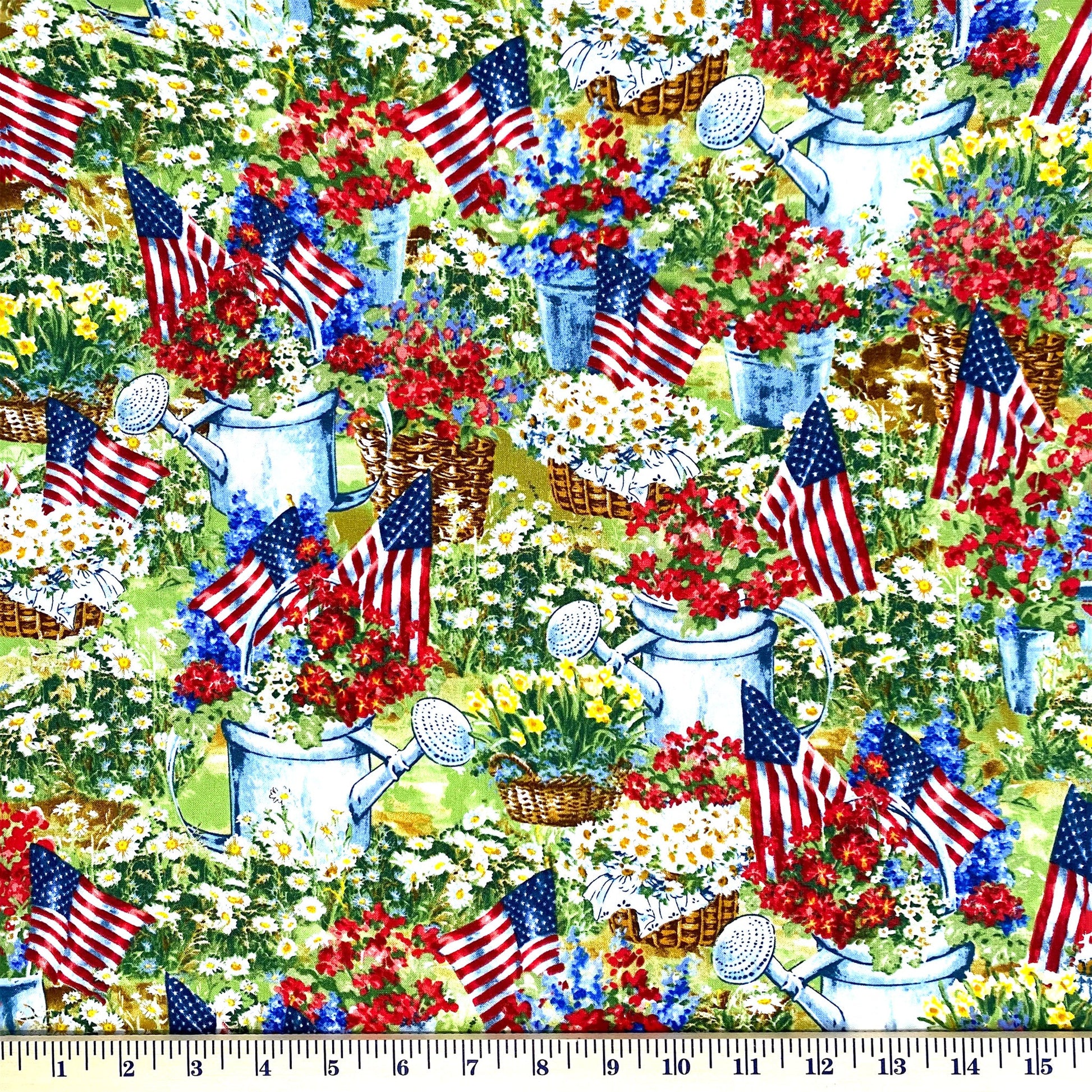 Patriotic Garden (C7254) by Timeless Treasures is a an allover floral and American flag print. The baskets of summer flowers adorned with American flags remind us of the carefree summer in the land of freedom. Perfect for summer cushions, napkins, and table-runners, or use as a border or accent for our patterns Mega Stars and Star Cuddle Quilt. Stitcher's Joy