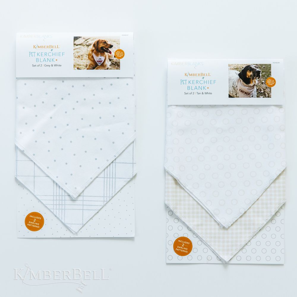 The Pet Kerchief Blanks by Kimberbell are the perfect blank for a “pet project?” Each kerchief has button snaps and serged open seams. Each pack of two is made from premium cotton with darling patterns and is available in either Tan & White (KDKB248) or Grey & White (KDKB247).
