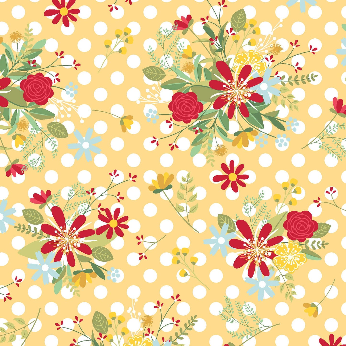 Polka Dot Flower on Yellow features colorful flowers on a background of yellow with large white dots. It has a multi-directional layout so it can be used as a non-directional fabric. The fabric is from the Red, White & Bloom collection by Kim Christopherson of Kimberbell for Maywood Studio and features everything to love about summer.