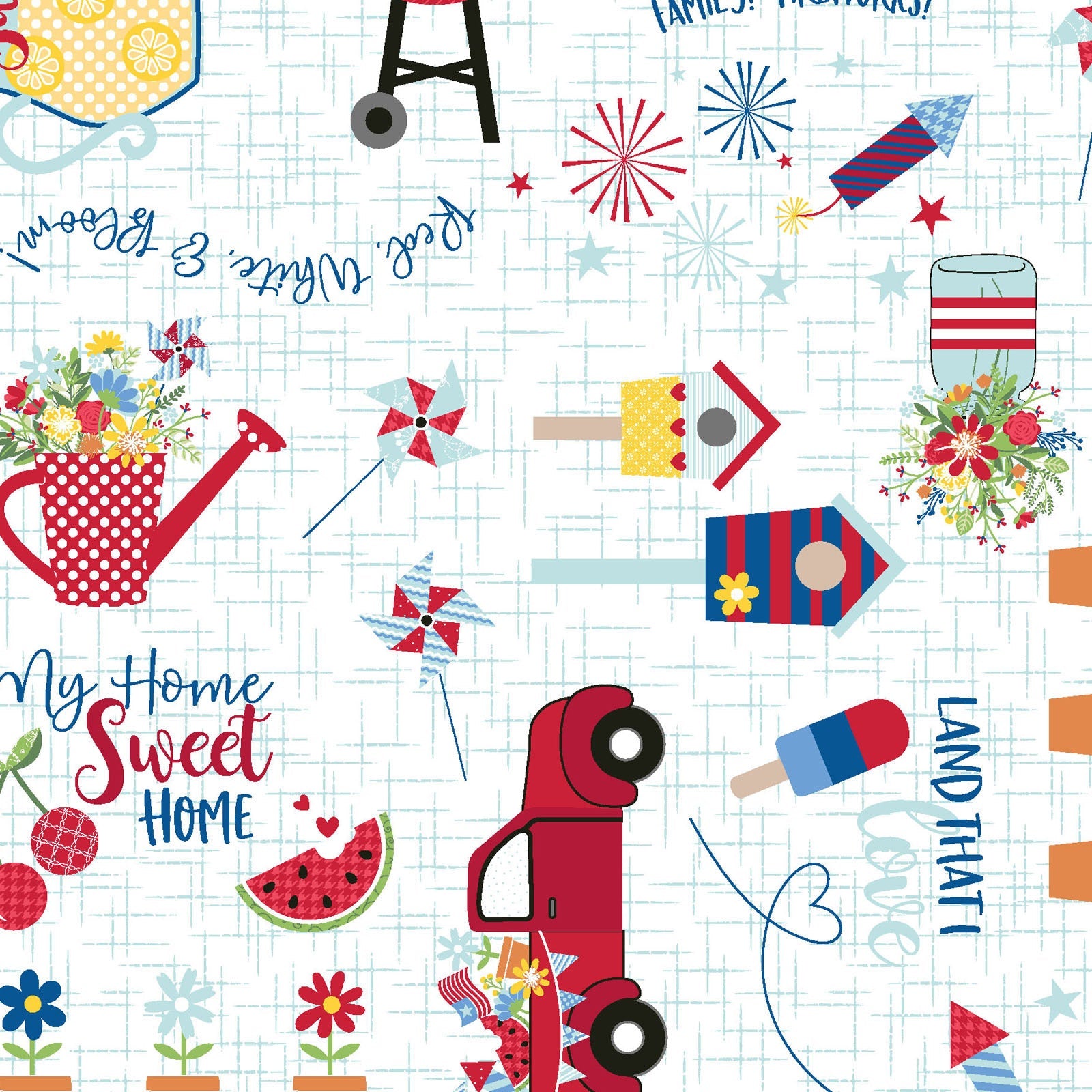 Red, White & Bloom by Kim Christopherson of Kimberbell for Maywood Studio features everything to love about summer. The feature fabric on white includes lemonade, BBQ grills, fireworks, popsicles, pinwheels and more on a background of white.