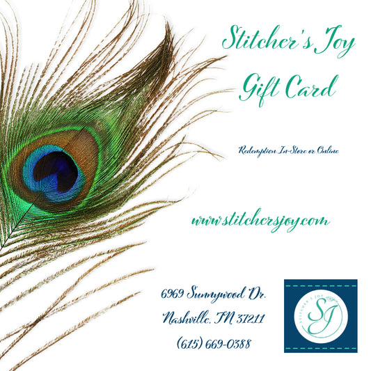 Stitcher's Joy Gift Card Image with Peahen logo, name, www.stitchersjoy.com and 6969 Sunnywood Dr. Nashville, TN 37211 Phone: 615-669-0388