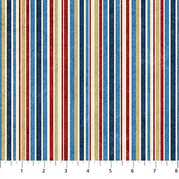 This multi-colored stripe from the Stars and Stripes line of the Stonehenge collection by Northcott features all of the colors of the original line: Blue, Navy, Cream/Tan, White, and Red in varying width stripes.