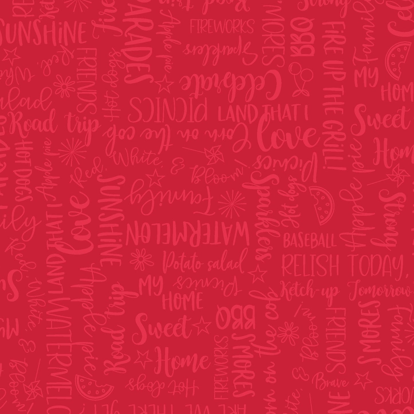 Wordy Words on Red is a red tone on tone pattern featuring words like summer, watermelon, family, and baseball in a multi-directional layout so it can be used as a non-directional fabric. The fabric is from the Red, White & Bloom collection by Kim Christopherson of Kimberbell for Maywood Studio and features words of everything to love about summer. 