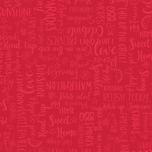 Wordy Words on Red is a red tone on tone pattern featuring words like summer, watermelon, family, and baseball in a multi-directional layout so it can be used as a non-directional fabric. The fabric is from the Red, White & Bloom collection by Kim Christopherson of Kimberbell for Maywood Studio and features words of everything to love about summer. 