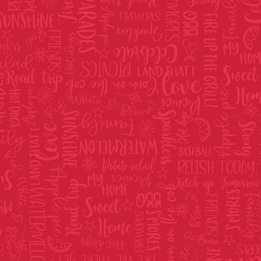 Wordy Words on Red is a red tone on tone pattern featuring words like summer, watermelon, family, and baseball in a multi-directional layout so it can be used as a non-directional fabric. The fabric is from the Red, White & Bloom collection by Kim Christopherson of Kimberbell for Maywood Studio and features words of everything to love about summer.